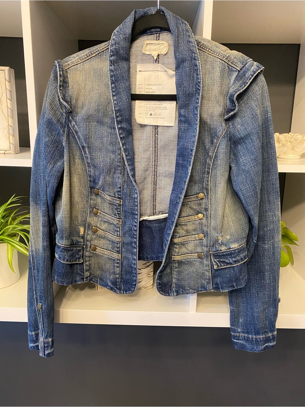 Current/Elliott Faded Blue Distressed Military-Style Denim Jacket Size Medium